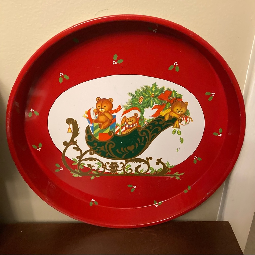 Woolworth Vintage Christmas Metal Tray Teddy Bears in Santa Sleigh